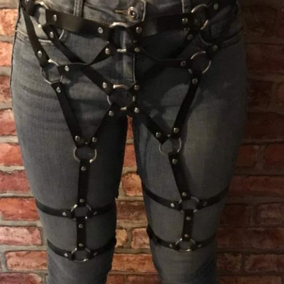 Gemily Punk Waist Chain Belt Black Leather Leg Harness Party Body Chain Rave main image 3